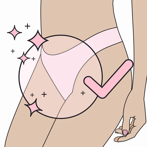 Illustration of woman wearing underwear with a checkmark indicating benefits of shaving pubic hair